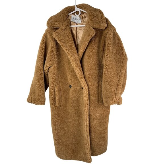 K.Zell Faux Sherpa Fur Womens Tan Teddy Coat Lightweight Overcoat Size L
